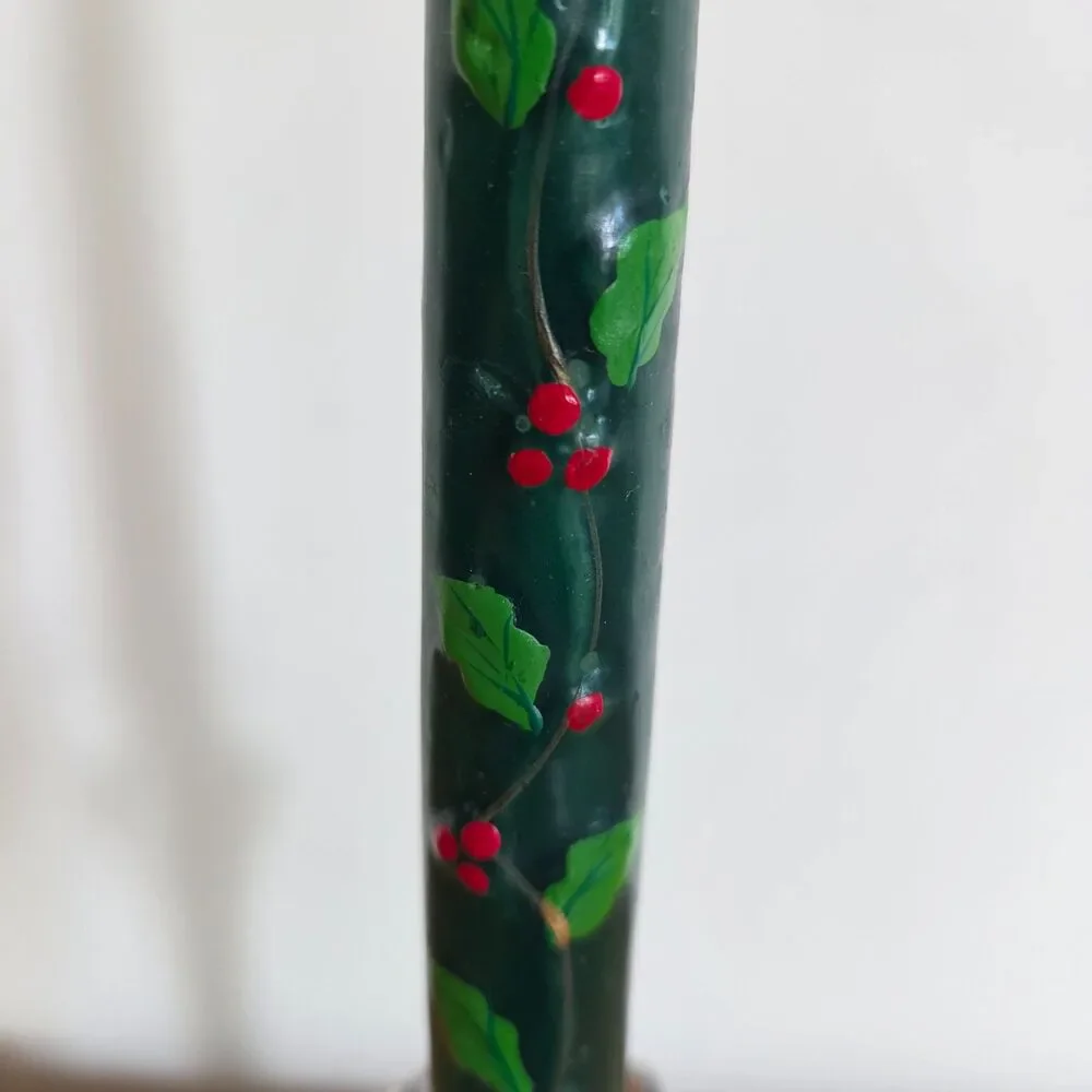 VTG Tag Hand Painted Christmas Holly Berry Green Taper Candles 12